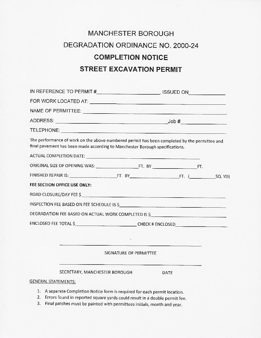 Thumbnail of the first page of 'Street Excavation Completion H.O.P Permit'