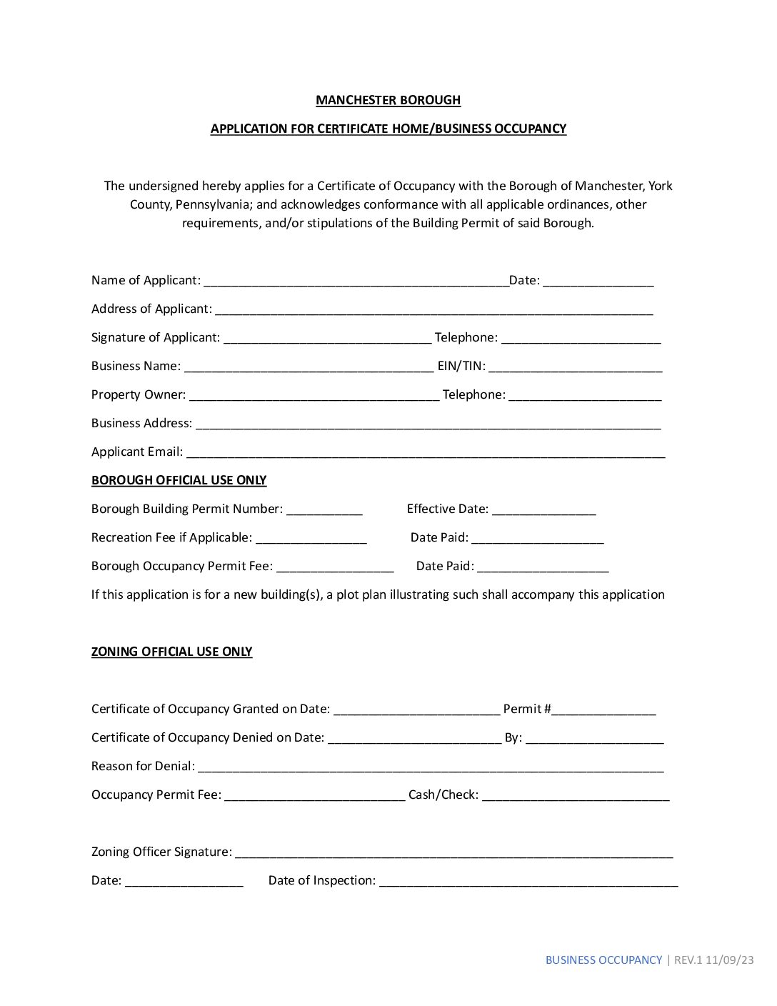 Thumbnail of the first page of 'Application for Certificate Home/Business Occupancy'