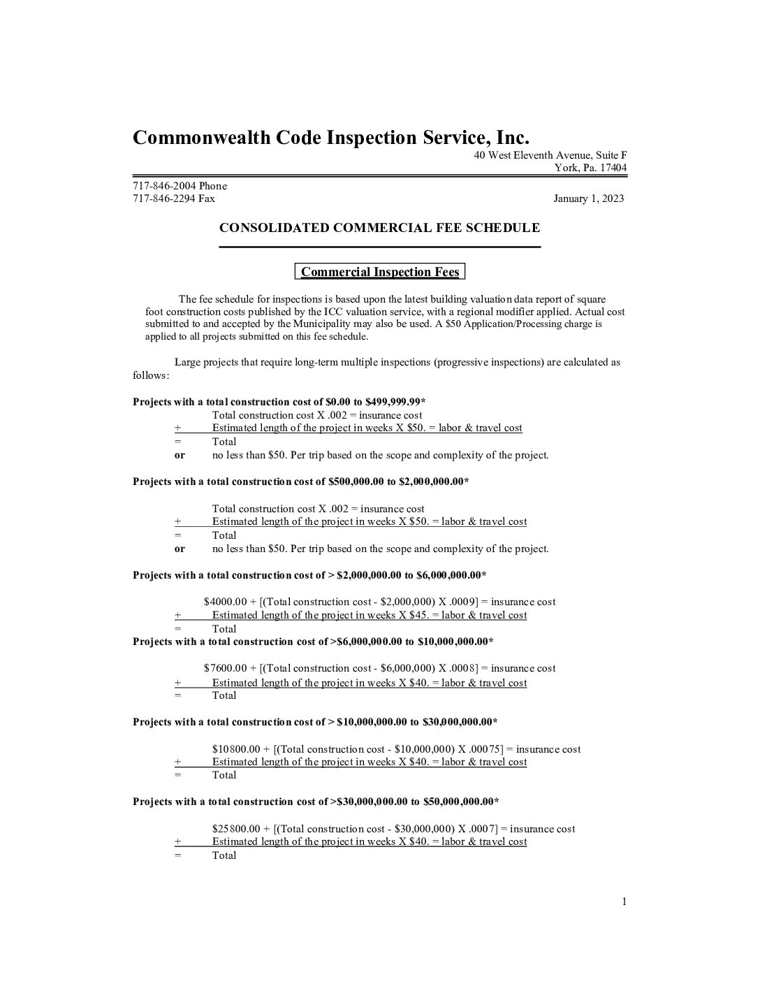 Thumbnail of the first page of 'CCIS Commerical Fee Schedule'