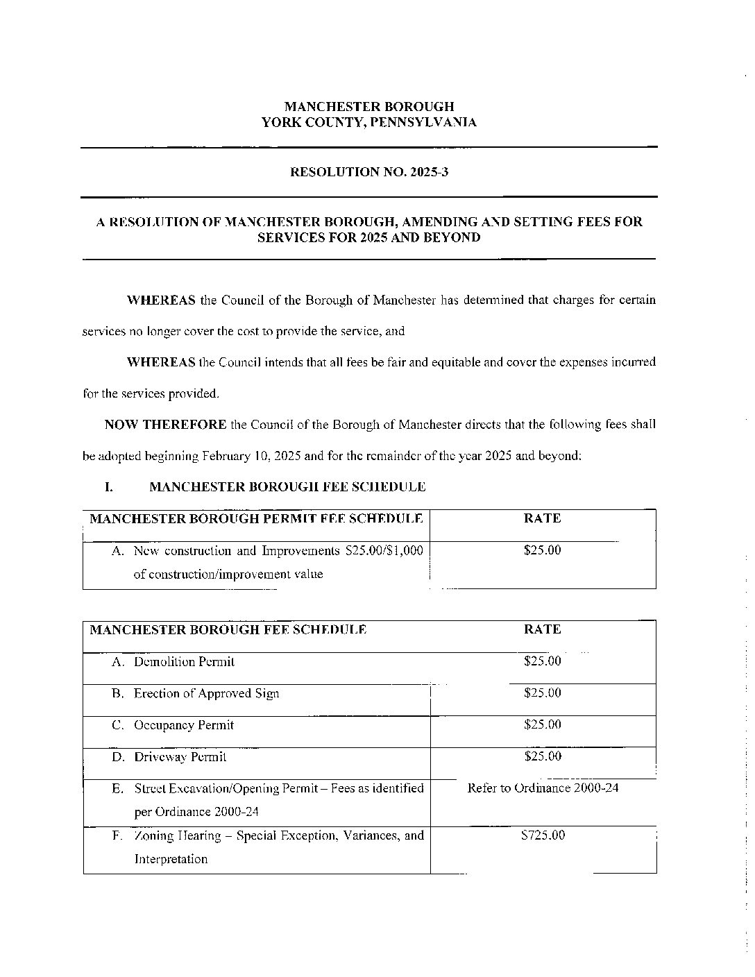 Thumbnail of the first page of 'Manchester Borough Fee Schedule'